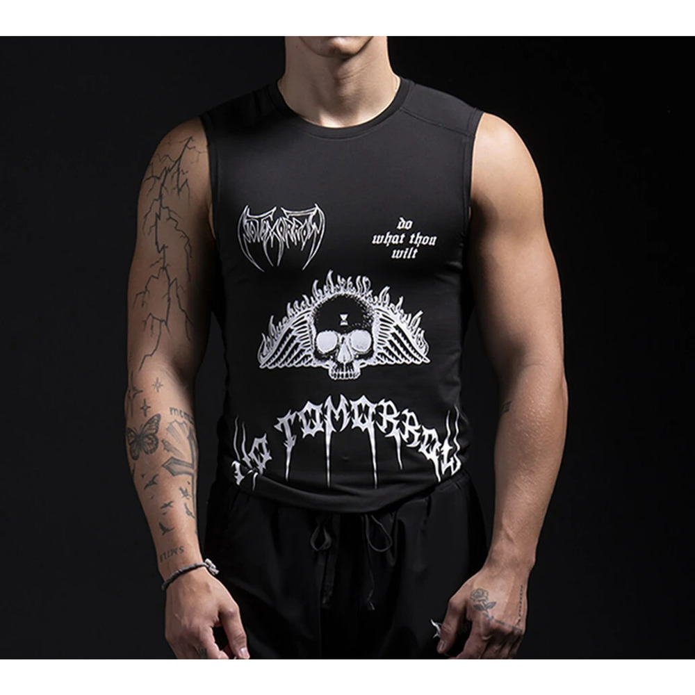 No Tomorrow Black Graphic Compression Tank Top L Gothic Gym Punk NWT